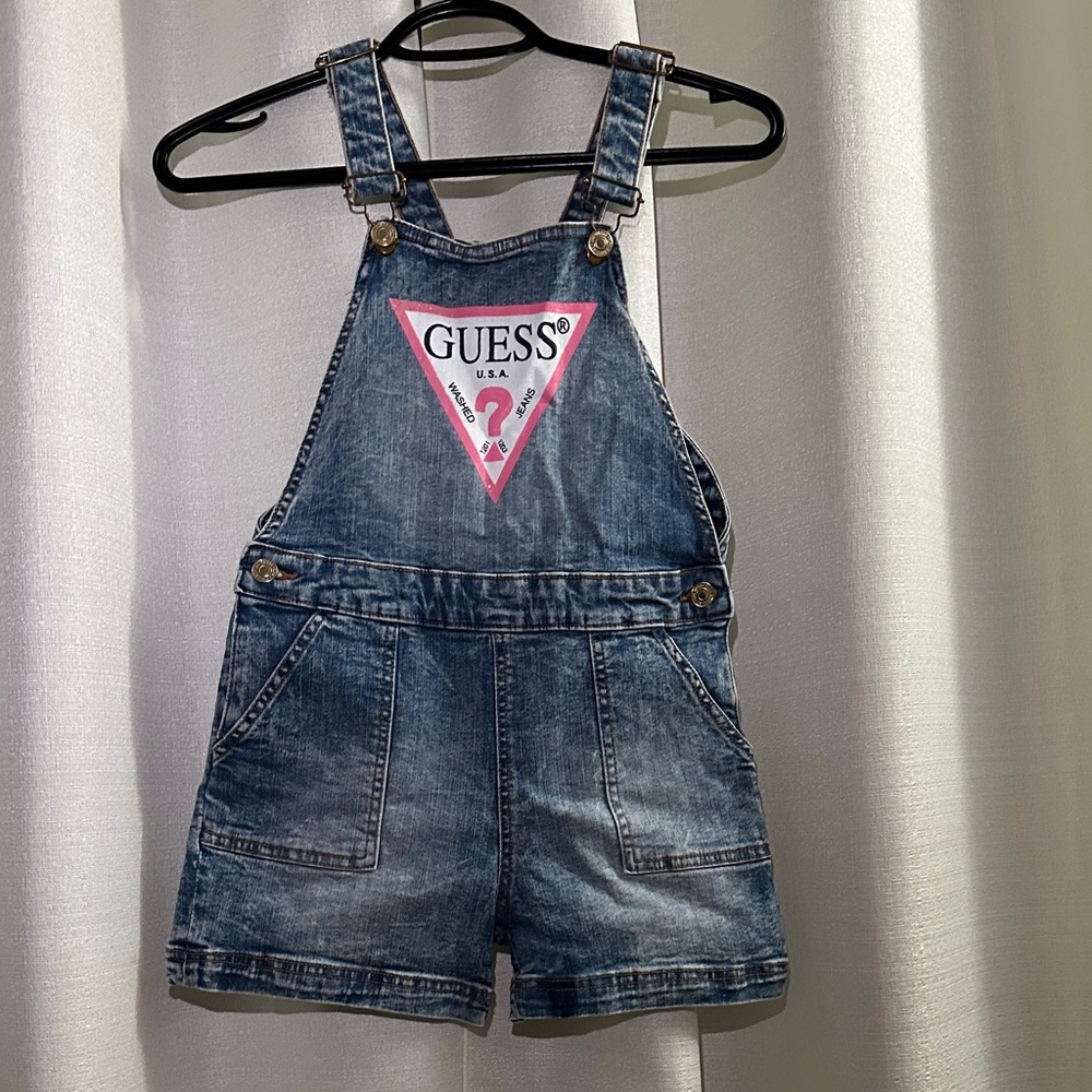 Guess Kids Blue Denim Overalls with Pink Logo